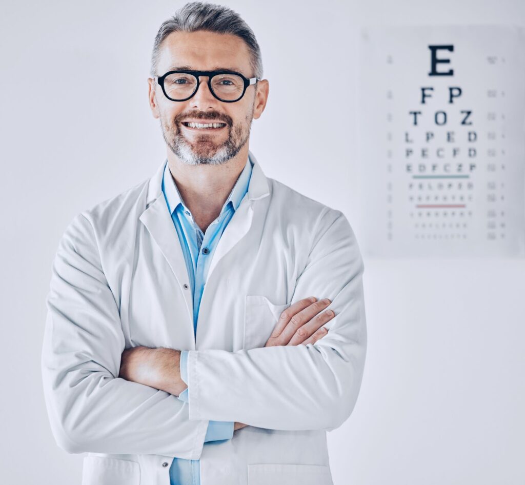 An optometrist smiling and standing with his arms crossed with a Snellen chart on the wall in the background.