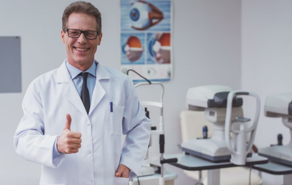 A smiling optometrist stands in their office in front of eye exam equipment. They give a thumbs up to the camera.